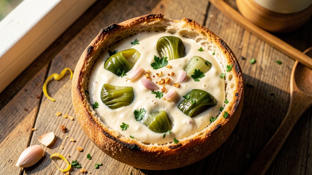 Artichoke Dip in Bread Bowl Recipe: Warm, Melty Cheese and Crunchy Edges